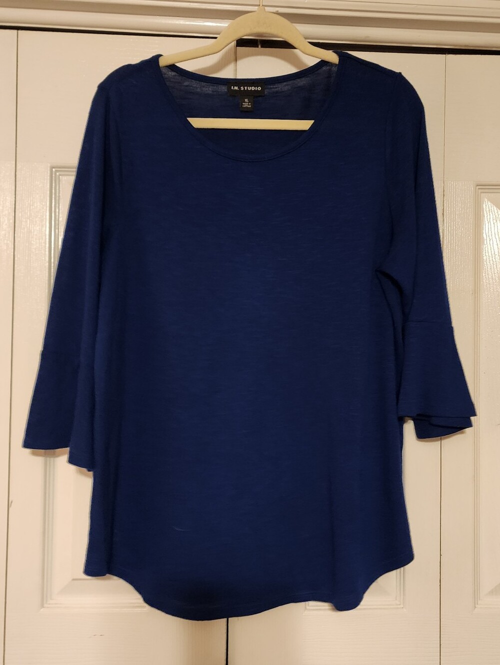 I.N. Studio Deep Blue Scoop Neck 3/4 Bell Sleeve Top